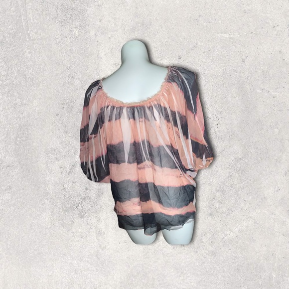 Robin K Sheer Batwing Blouse Pink Black Striped Top Size M Flowy Boho Chic - Picture 11 of 13